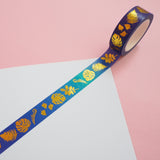 Purple and blue gradient washi tape with a variety of gold-foil plants and leaves.
