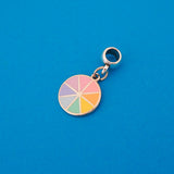 Enamel charm on a smooth cup bail bead. Charm is circular and split into eight sections. Each section is filled with a pastel rainbow colour, replicating a colour wheel.