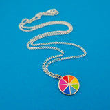 Silver curb-chain necklace with an enamel charm pendant. Charm is circular and split into eight sections. Each section is filled with a bright rainbow colour, replicating a colour wheel.