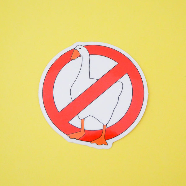 Vinyl sticker showing a white goose inside a red circle with a 45-degree diagonal line from upper-right to lower-left, mimicking a prohibition sign. The sticker has a white border.
