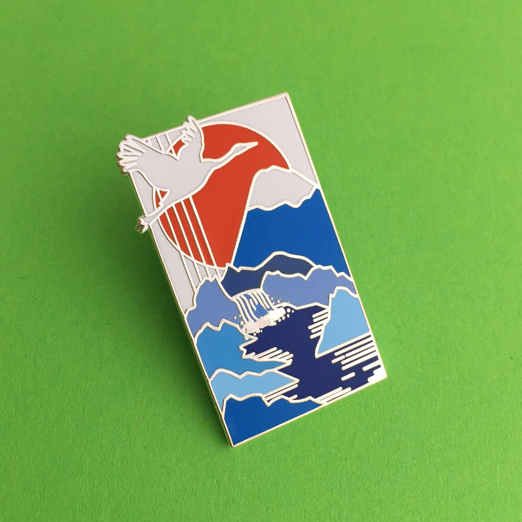 Japanese Crane Waterfall - Enamel Pin - Hand Over Your Fairy Cakes - hoyfc.com