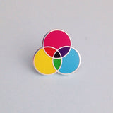 Enamel pin with three overlapping circles. The circles are filled cyan, magenta, and yellow; with the colours mixing in the areas where they overlap. Pin is on a pale grey background.