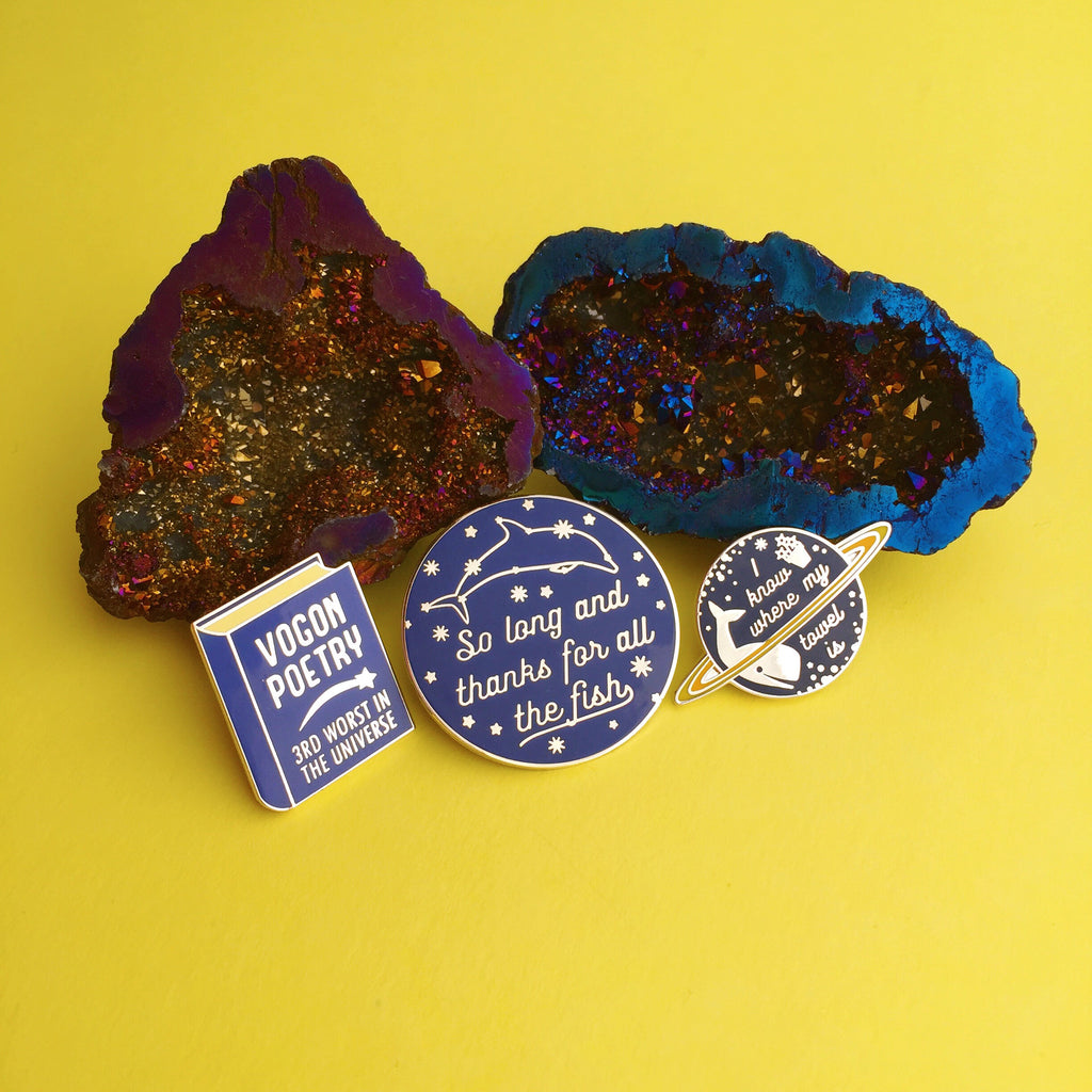 Hitchhikers Guide To The Galaxy - Enamel Pin Set - Hand Over Your Fairy Cakes - hoyfc.com
