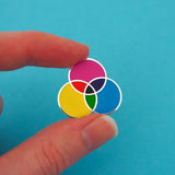 Enamel pin with three overlapping circles. The circles are filled cyan, magenta, and yellow; with the colours mixing in the areas where they overlap. Pin is being held between a forefinger and thumb.