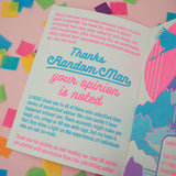 "Thanks Random Man, Your Opinion Is Noted" Riso Printed Zine - Hand Over Your Fairy Cakes - hoyfc.com